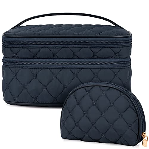 NUBILY Kosmetiktasche Damen Make up Tasche Doppelschicht Kulturtasche Groß wasserdichte Kulturbeutel Reise Schminktasche Mädchen 2 Stücke Blau von NUBILY