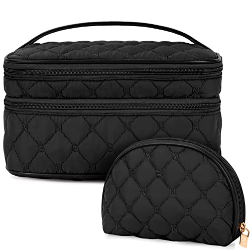 NUBILY Kosmetiktasche Damen Make up Tasche Doppelschicht Kulturtasche Groß wasserdichte Kulturbeutel Reise Schminktasche Mädchen 2 Stücke Schwarz von NUBILY