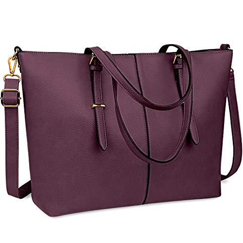 NUBILY Laptop Damen Handtasche 15,6 Zoll Shopper Handtasche Elegant Leder Taschen Große Leichte Elegant Stilvolle Frauen Handtasche für Business/Schule/Einkauf (Dunkelviolett) von NUBILY