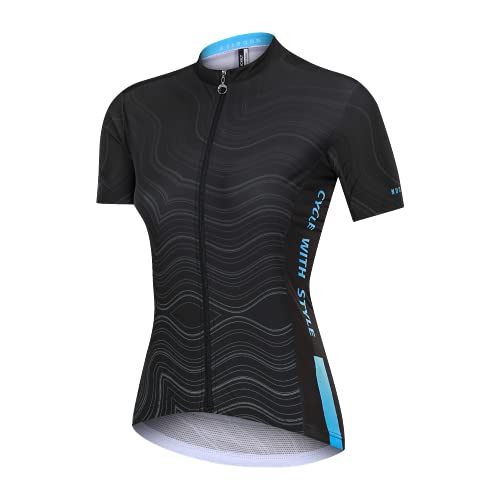 NUCKILY Damen Atmungsaktiv Schnelltrocknend Radtrikots Radfahren Jersey Fahrradtrikot Outdoor Kurzarm Radsport-Shirt Mit 3 Taschen von NUCKILY