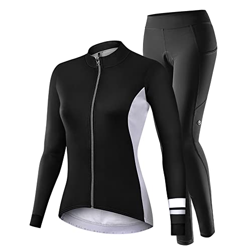 NUCKILY Fahrradbekleidung Set Damen Radtrikot Langarm Winddicht Damen Thermische Fleece mit 3D Polster Hosen, L, 1701 von NUCKILY