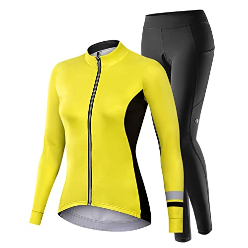 NUCKILY Fahrradbekleidung Set Damen Radtrikot Langarm Winddicht Damen Thermische Fleece mit 3D Polster Hosen, S, 1705 von NUCKILY