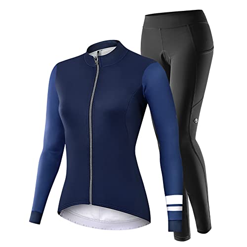 NUCKILY Fahrradbekleidung Set Damen Radtrikot Langarm Winddicht Damen Thermische Fleece mit 3D Polster Hosen, XL, 1764 von NUCKILY