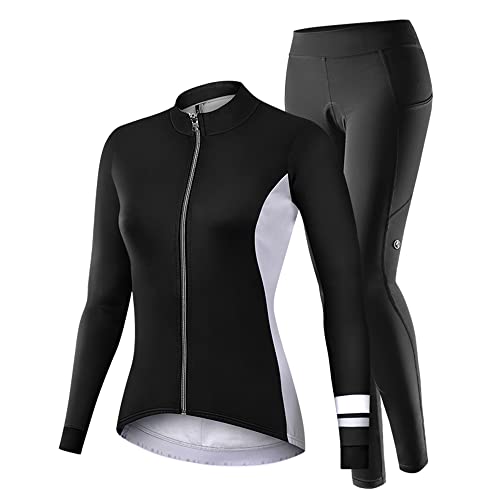 NUCKILY Fahrradbekleidung Set Damen Radtrikot Langarm Winddicht Damen Thermische Fleece mit 3D Polster Hosen, XL, 1701 von NUCKILY