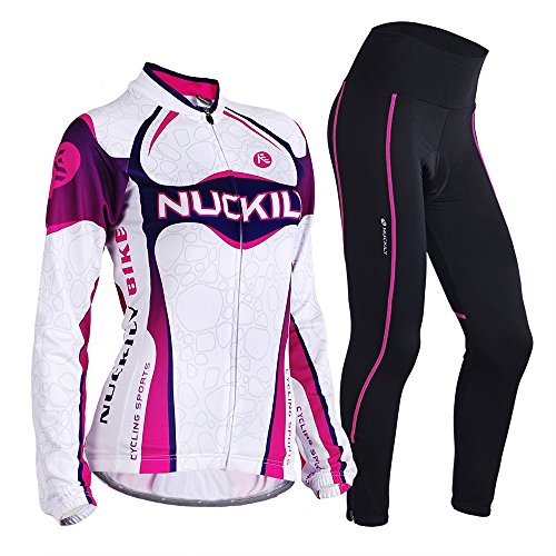 NUCKILY Fahrradbekleidung Set Damen Radtrikot Langarm Winddicht Damen Thermische Fleece mit 3D Polster Hosen, XS, GE00703 von NUCKILY