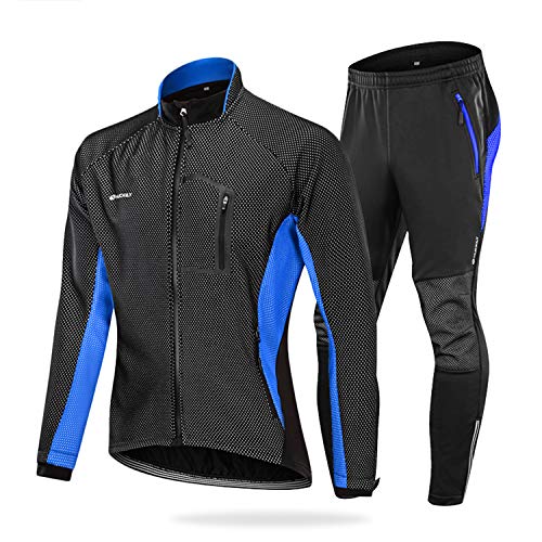 NUCKILY Herren Fahrradbekleidung Set Winddicht Thermo Fleece Winterjacke MTB Bekleidung Rennrad Fahrrad Trikot Langarm und Fahrradhose mit 3D Sitzpolster (ME020 Blau, M) von NUCKILY