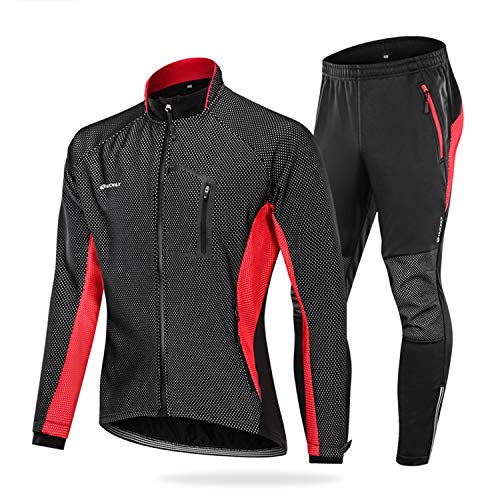 NUCKILY Herren Fahrradbekleidung Set Winddicht Thermo Fleece Winterjacke MTB Bekleidung Rennrad Fahrrad Trikot Langarm und Fahrradhose mit 3D Sitzpolster (ME020 Rot, S) von NUCKILY