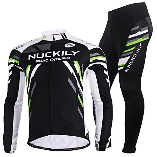 NUCKILY Herren Langarm Radsportanzüge Radtrikot Set Radfahren Kleidung Langärmeliges Fahrradtrikot mit Thermofleecefutter Fahrradhose mit Sitzpolster für Herbst/Winter von NUCKILY