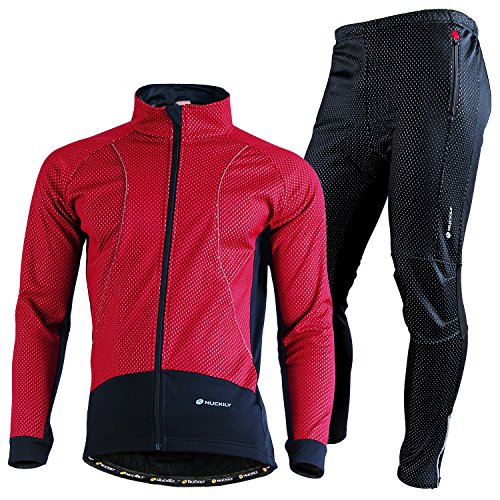 NUCKILY Herren Langarm Radsportanzüge Radtrikot Set Radfahren Kleidung Langärmeliges Fahrradtrikot mit Thermofleecefutter Fahrradhose mit Sitzpolster für Herbst/Winter von NUCKILY