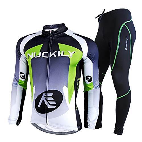 NUCKILY Herren Langarm Radsportanzüge Radtrikot Set Radfahren Kleidung Langärmeliges Fahrradtrikot mit Thermofleecefutter Fahrradhose mit Sitzpolster für Herbst/Winter von NUCKILY
