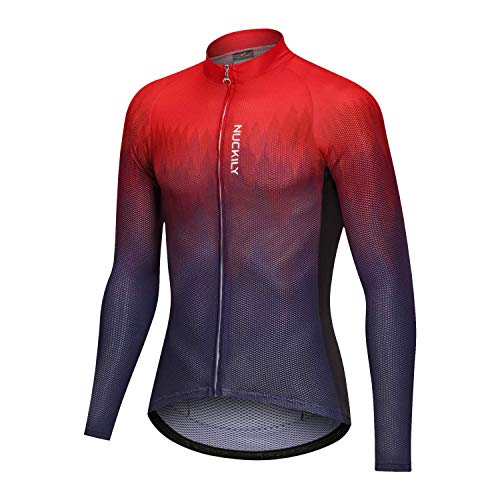 NUCKILY Herren Radtrikot Langarm Fahrradshirts für Männer Radfahren Leichtes Radtrikot mit 4 Taschen Atmungsaktiv (DE/NL/SE/PL, Alphanumerisch, M, Regular, Regular, Mh019Rot) von NUCKILY