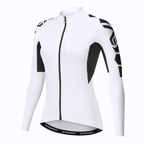 NUCKILY Radtrikot Damen Langarm Silm Fit Fahrradtrikot Rennrad Trikots Mit 3 Rückentaschen Fahrradbekleidung Radtrikot für Straße und Bergfahrt, Weiß L von NUCKILY