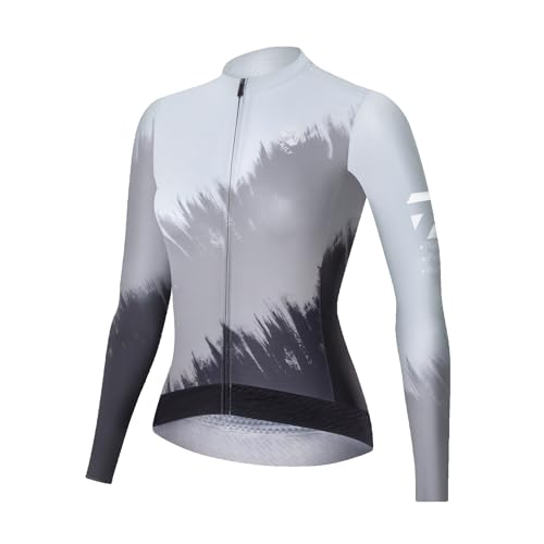 NUCKILY Radtrikot Damen Langarm Silm Fit Fahrradtrikot Rennrad Trikots Mit 3 Rückentaschen Radtrikot für Straße und Bergfahrt Fahrradbekleidung, Grau L von NUCKILY