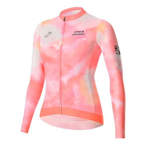 NUCKILY Radtrikot Damen Langarm Silm Fit Fahrradtrikot Rennrad Trikots Mit 3 Rückentaschen Radtrikot für Straße und Bergfahrt Fahrradbekleidung, Orange M von NUCKILY