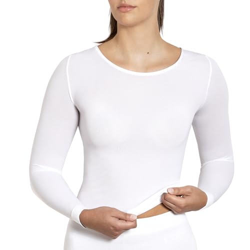 #NUDEBUTBETTER Langarmshirt Weiß Damen Rundausschnitt – Nahtlos, Wärmend & Weich – U-Neck mit Satinpaspel – Dünnes, Dehnbares Unterziehshirt – Basic Longsleeve für Alltag & Business von #NUDEBUTBETTER