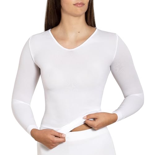 #NUDEBUTBETTER Damen Langarmshirt – Nahtlos, Leicht & Dehnbar – V-Ausschnitt mit Satinpaspel – Dünnes Unterziehshirt – Soft-Touch Longsleeve für Business & Alltag von #NUDEBUTBETTER