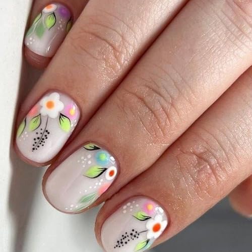 24 Stück kurze quadratische Nägel zum Aufkleben auf Blumen, volle Abdeckung, künstliche Blätter, Maniküre-Zubehör für Damen von NUEAYMS