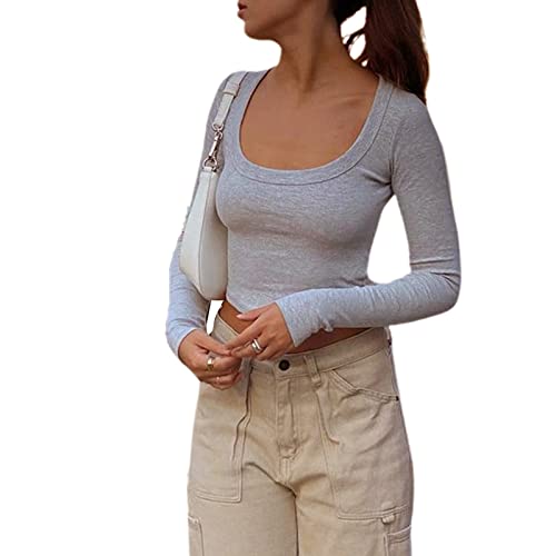 Damen Sexy Langarm-T-Shirt Rundhalsausschnitt Slim Fitted Crop Top Causal Solid Y2k Pullover Bluse Top, Quadratischer Ausschnitt, Grau, Groß von NUFIWI