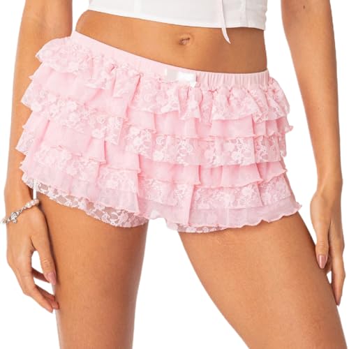 NUFIWI Frauen Lolita Bloomers Nette Rüschen Spitze Trim Kürbis Hosen Sexy Junge Shorts Geschichtet Bottoms Y2k Fairy Süße Pettipants, F76 Pink, S von NUFIWI