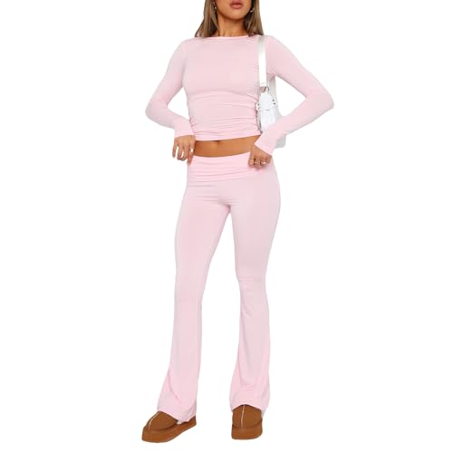 NUFIWI Damen Basic Zweiteilige Outfits Langarm Slim Crop Top Fold Over Leggings Hosen Set Passender 2-teiliger Trainingsanzug, Rundhalsausschnitt Rosa, Small von NUFIWI