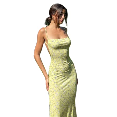 NUFIWI Frauen Floral Gedruckt Spaghettiträger Maxi Kleid Y2K Low Cut Rückenfrei Langes Kleid Sommer Streetwear Party Club, Rückenfrei Gelb., Klein von NUFIWI