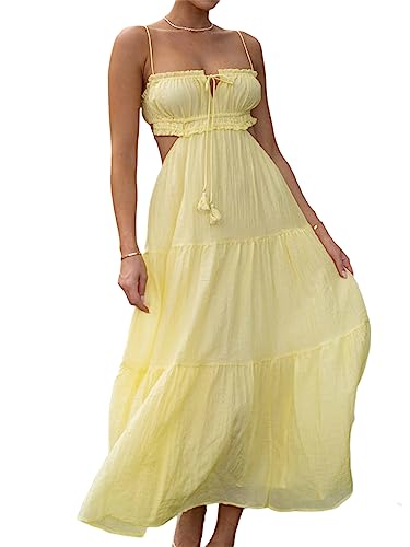 NUFIWI Frauen Sommer Boho Ausschnitt Langes Kleid Ärmellos Tiered Geraffte Boho Cami Kleid Flowy Tie Back Strand Sommerkleid, B Gelb, Groß von NUFIWI