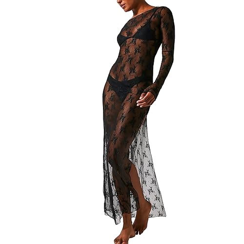 NUFIWI Frauen Vintage Y2k Spitze Maxikleid Langarm Durchsichtig Mesh Bodycon Kleid Floral Spitze Maxi Lange Slip, D Floral Schwarz, Groß von NUFIWI