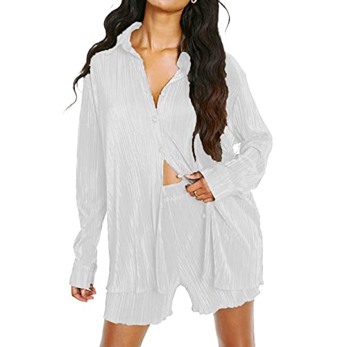 NUFIWI Y2K 2-teiliges Hosen-Set für Damen, Übergröße, Blumenmuster, Button-Down-Shirt, hohe Taille, Hose, Outfits, Sommer, Streetwear, Rüschen Light White, M von NUFIWI