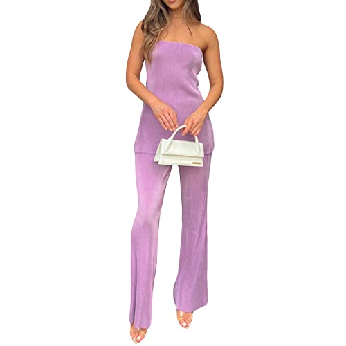 NUFIWI Sexy 2-teiliges Damenhosen-Set, trägerlos, schulterfrei, Schlauch-Top, plissiert, weites Bein, Y2k-Anzüge, Sommer-Outfits, L von NUFIWI