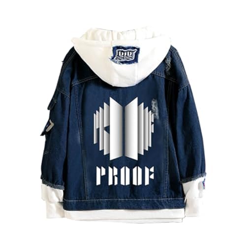 NUGEN Kpop BTS Hoodie, Männer Frauen Jacke Denim gefälschte Zweiteilige Sweatshirt Kpop Cool Pullover Hip Pop Pop Jumper Weatshirt Sweater Oberbekleidung Blue-L von NUGEN