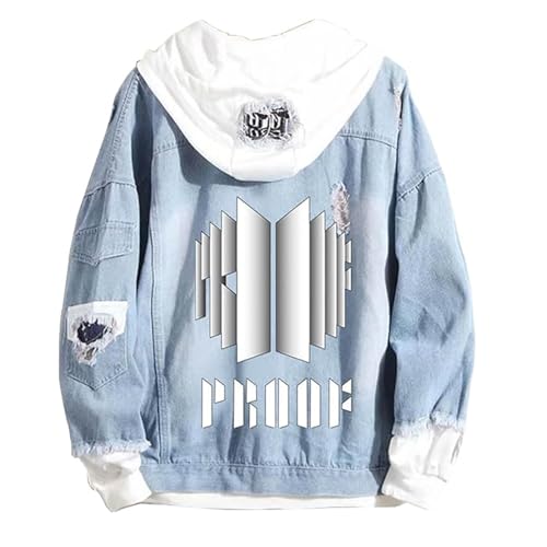 NUGEN Kpop BTS Hoodie, Männer Frauen Jacke Denim gefälschte Zweiteilige Sweatshirt Kpop Cool Pullover Hip Pop Pop Jumper Weatshirt Sweater Oberbekleidung Light Blue-S von NUGEN