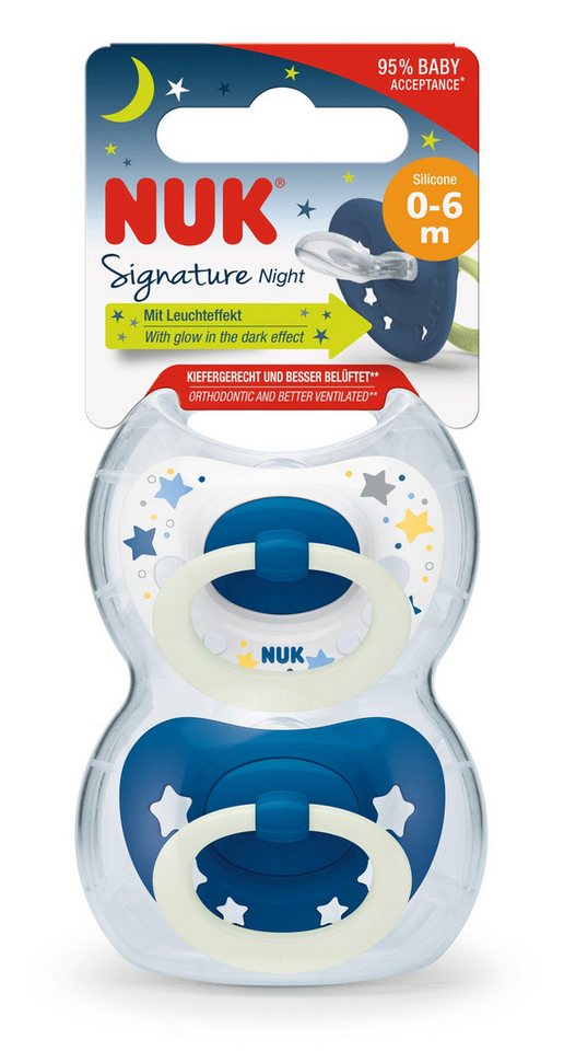 NUK Schnuller Signature Night Silikon 2er - Wir leuchten im Dunkeln, mit wiederverwendbarer Schnullerbox von NUK