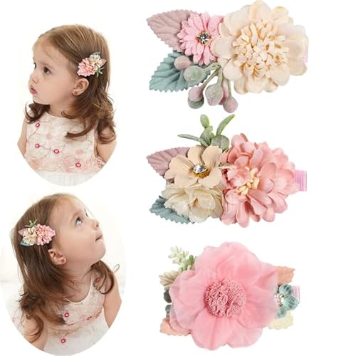 3 Stück Baby Künstliche Blumen Stirnbänder für Mädchen Handmade Bundle Nylon Elastisches Haarband Baby Haarband Kopfschmuck Haarschmuck von NUKAF