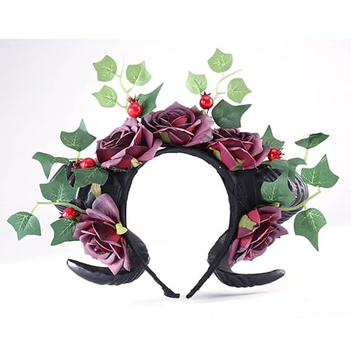 Handgefertigtes Schafhorn Stirnband Vintage Rosenblätter Haarband Zubehör Demon Evil Gothic Lolita Cosplay Halloween Kopfschmuck von NUKAF