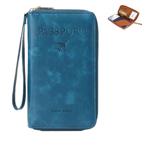 NUKYEJH Rowgins Multifunktionaler RFID-Pass-Wallet, Rowgins RFID-Passhalter, Passhalter für Reisen, schlanke Lederabdeckung für Kreditkarten, Tickets und Bargeld (Peacock Blue) von NUKYEJH