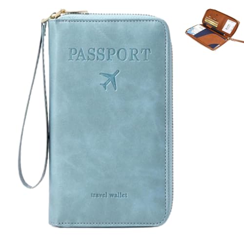 NUKYEJH Rowgins Multifunktionaler RFID-Pass-Wallet, Rowgins RFID-Passhalter, Passhalter für Reisen, schlanke Lederabdeckung für Kreditkarten, Tickets und Bargeld (Sky Blue) von NUKYEJH
