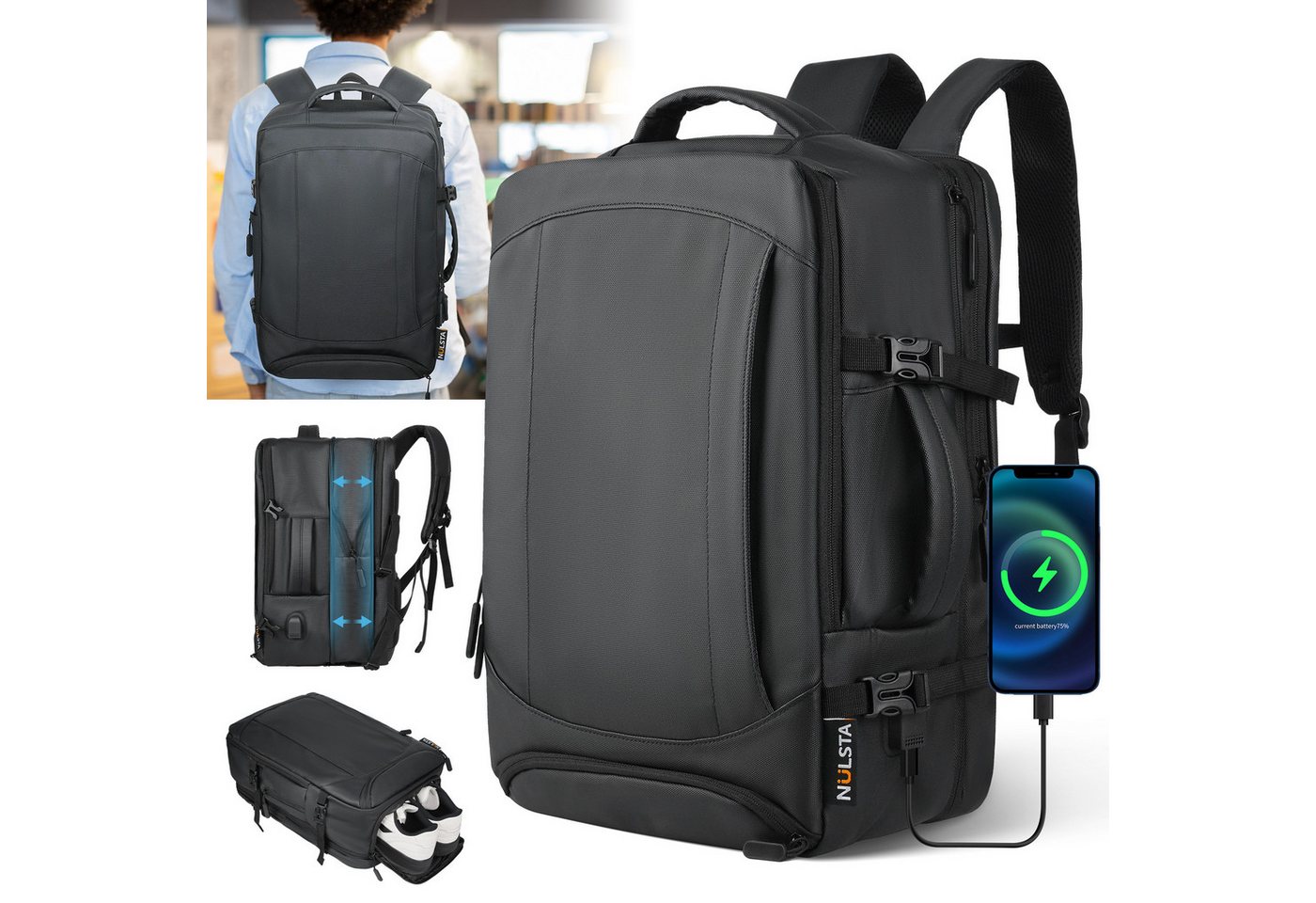 NULSTA Reiserucksack 23-35L Premium 900D Nanocoated Hybridleder Handgepäck Rucksack (Laptop Rucksack Wasserdicht & Flugtauglich mit USB-Ladeanschluss, Schuhfach & Erweiterbar, Handgepäck Flugzeug Rucksack für 15,6-17 Zoll Laptop), Travel Backpack Rucksack Herren Damen, Weekender Dienstreisen Schwarz NULSTA Reiserucksack 23-35L Premium 900D Nanocoated Hybridleder Handgepäck Rucksack (Laptop Rucksack Wasserdicht & Flugtauglich mit USB-Ladeanschluss, Schuhfach & Erweiterbar, Handgepäck Flugzeug Rucksack für 15,6-17 Zoll Laptop), Travel Backpack Rucksack Herren Damen, Weekender Dienstreisen Schwarz von NULSTA