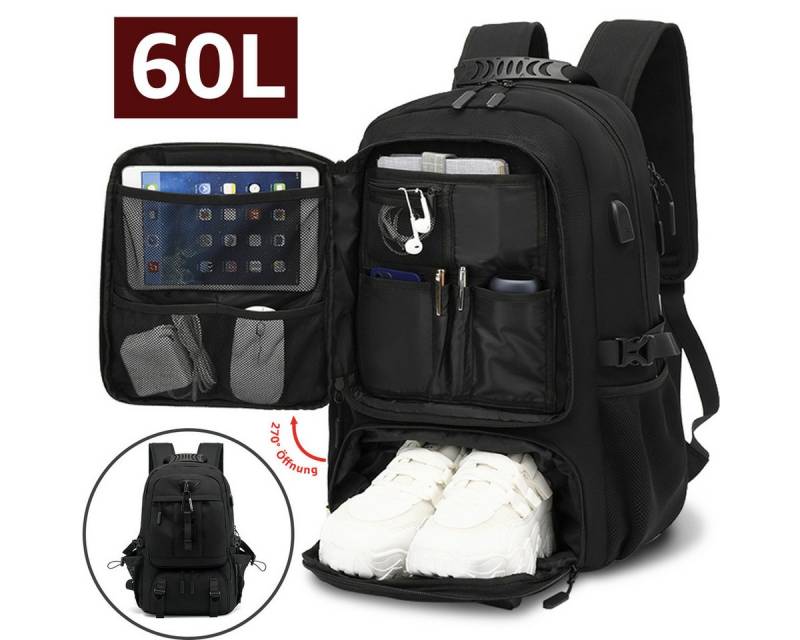 NULSTA Reiserucksack Erweiterbarer Sportrucksack XL mit Schuhfach Schulrucksack (Notebook Laptop Tasche Schule Uni Rucksack, Anti-Diebstahl), für Fitnessstudio Arbeit Camping, Herren Damen, Schwarz von NULSTA