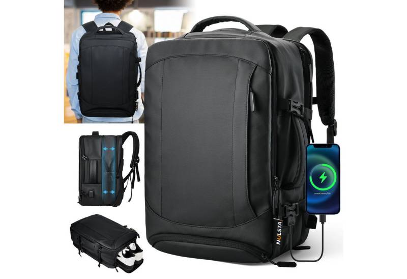 NULSTA Reiserucksack Rucksack 38L Premium 900D Nanocoated Hybridleder Handgepäck Rucksack (Laptop Rucksack Wasserdicht & Flugtauglich mit USB-Ladeanschluss, Schuhfach & Erweiterbar, Handgepäck Flugzeug Rucksack für 15,6-17 Zoll Laptop), Travel Backpack Rucksack Herren Damen, Weekender Dienstreisen Schwarz von NULSTA