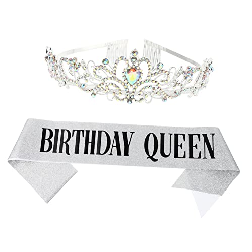 NULYLU 1satz Geburtstagskrone Mit Schärpe Elegante Geburtstagsfeier-dekoration Mit Rhinestone-krone Und Silberner Queen-schärpe Für Unvergessliche Feiern von NULYLU