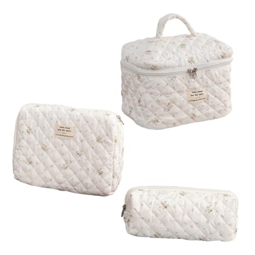 NULYLU 3stücke Teiliges Set Großer Gesteppten Kosmetiktaschen Aus Baumwolle Mit Floralem Muster Niedliche Toilettentaschen Für Frauen Und Mädchen Für Reisen Und Aufbewahrung von NULYLU