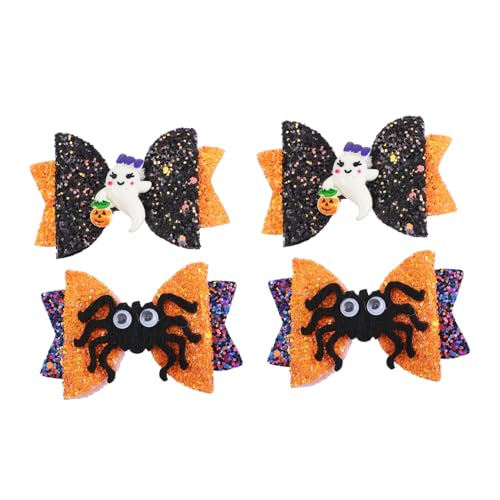 NULYLU 4 Stück Haarschleifen Halloween Haarschmuck mit Spinnen und Kürbis Motiven Sanfte Satin Schleifen Haarspangen Leichte Schonende Haarklammern für Mädchen und Vielseitig Einsetzbar von NULYLU