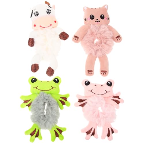 NULYLU 4stücke Flauschige Haargummis Für Frauen Mit Tierischen Designs Katze Kuh Frosch Elastische Haarbänder Für Komfortable Frisuren Für Partys Und Alltag Haarschonend Und Sicher Für Ha von NULYLU