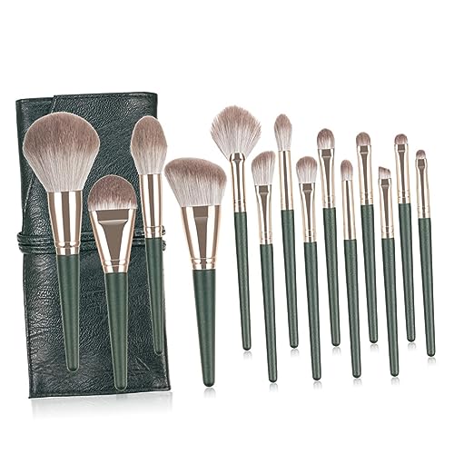NULYLU 14stücke Teiliges Make-up Pinselset Mit Grünem Holzgriff Kosmetikpinsel Für Foundation Puder Und Lidschatten Inklusive Aufbewahrungstasche Für Tägliche Und Professionelle von NULYLU