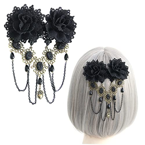 NULYLU Rosen Haarspange für Damen Schwarze Spitzen Haarnadel mit Quasten Haarschmuck Zubehör für Hochzeiten und Partys von NULYLU