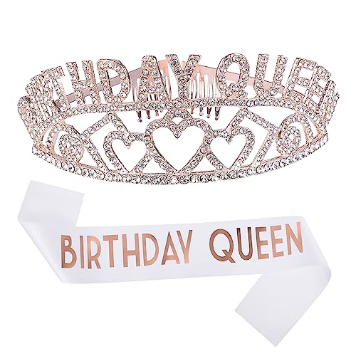 NULYLU Geburtstagskrone Mit Schärpe Für Mädchen Teiliges Aus Roségoldener Und Festlicher Schulterband Für Unvergessliche Feiern Und Fotos Für Jede Geburtstagsparty von NULYLU