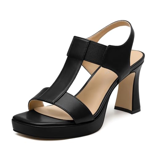 NUMALEO Damen Chunky Block Heels Sandalen - Plateau High Heel Riemchen Sommer Sandalen mit Knöchelriemen Square Open Toe Elegant Bequeme Schuhe für Frauen, Schwarz (Black Pu), 41 EU von NUMALEO