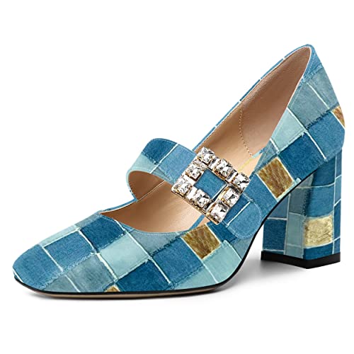 NUMALEO Damen Eckige Zehenkappe Block Dating Bungee Festkörper Fashion Ankle Strap High Heel 3.3 Inch Pumpe Denim Plaid Größe 40 von NUMALEO