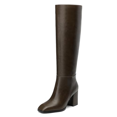 NUMALEO Damen Kniehohe Stiefel Chunky Heel Square Toe Hohe Stiefel - 7,6 cm Absatz, Mode Lange Stiefel für Frauen, GoGo-Stiefel mit seitlichem Reißverschluss, Grün (Army Green), 39.5 EU von NUMALEO