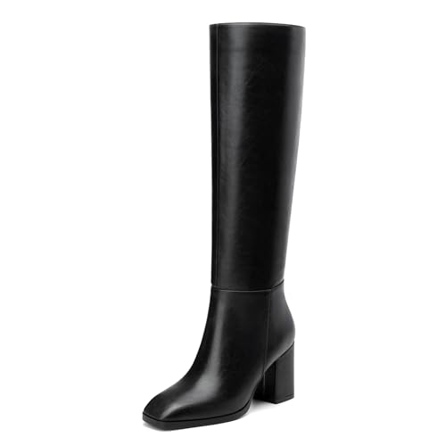 NUMALEO Damen Kniehohe Stiefel Chunky Heel Square Toe Hohe Stiefel - 7,6 cm Absatz, Mode Lange Stiefel für Frauen, GoGo-Stiefel mit seitlichem Reißverschluss, Schwarz, 37.5 EU von NUMALEO